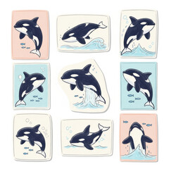 Obraz premium Whimsical orca illustrations in pastel colors and playful water scenes