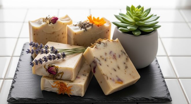 Artisanal Handmade Soap Bars with Natural Botanical Ingredients and Floral Accents