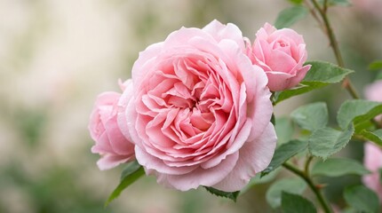 Naklejka premium Pink Rose Blooms: Delicate pink rose blooms in full, capturing the essence of elegance and natural beauty with soft petals and gentle hues.