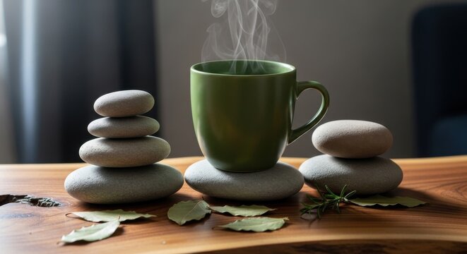 Green ceramic mug filled with steaming herbal tea resting on smooth stones amidst aromatic herbs and bay leaves