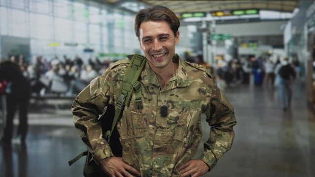 Man soldier in camouflage uniform carrying backpack and dog tags with hands on hips in busy airport concourse; pride homecoming.