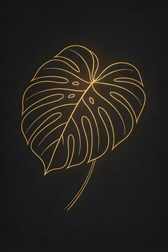 Minimal Gold Monstera Leaf Line Art on Black Background, Modern Botanical Illustration
