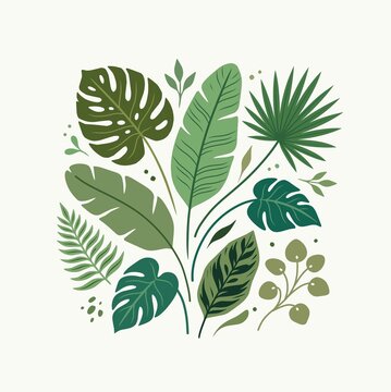 Tropical leaves collection set flat vector illustration&mdash;monstera,banana,palm,fern, calathea, eucalyptus with mint green background.Tropical and botanical clipart bundle