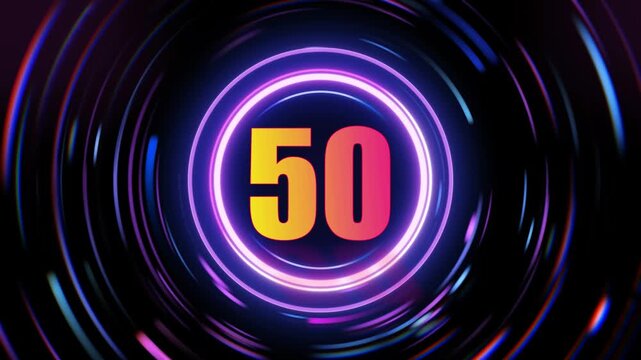 Neon 50th anniversary logo animation with colorful gradient numbers and purple swirling lights