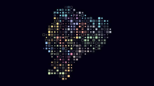Ecuador map animation. Shape of the country with pulsating colored dots. Large size rounded square blocks. Digital style Ecuador map on dark background. Awesome video.