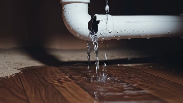 Broken pipe leaking water on wooden floor for commercial backgrounds, digital design, and advertising