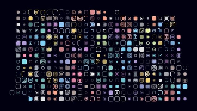 Kansas animated shape. Pulsating colored dots on the map of the state. Large size rounded square blocks. Digital style Kansas map on dark background. Amazing animation video.