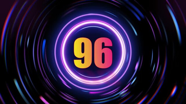 Glowing neon number 96 in purple and orange gradient circles on dark background with radial motion effect