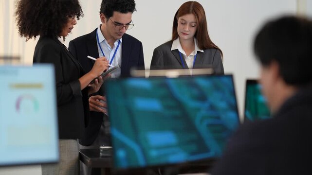 International multicultural experts featuring senior male executive and young female analyst managing digital safeguard protocols and network security within a state of the art command center.