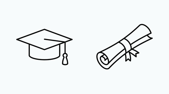 Minimalist black line art illustration of a graduation mortarboard hat and rolled diploma scroll for academic achievement and success celebration