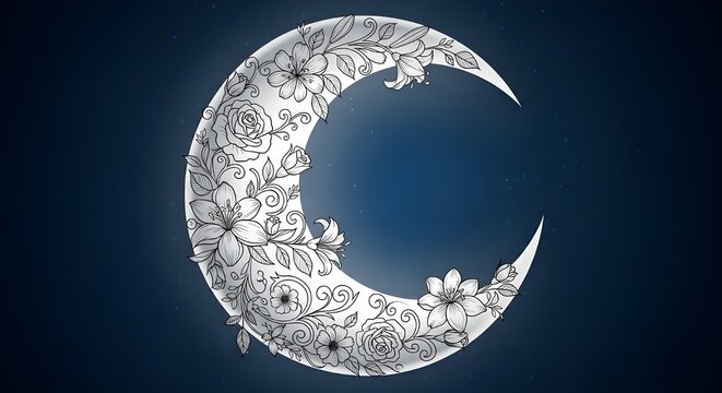 An artistic illustration of a crescent moon adorned with intricate floral and vine patterns.