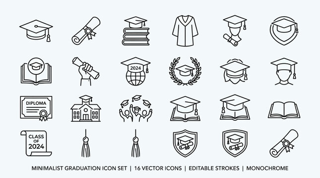 Minimalist graduation icon set featuring mortarboards, diplomas, books, and academic achievement symbols for class of 2024 celebration