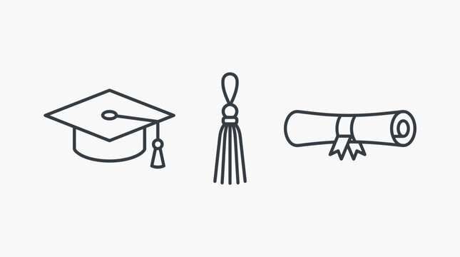 Set of minimalist graduation outline icons featuring a mortarboard cap, tassel, and rolled diploma scroll for academic achievement concepts.