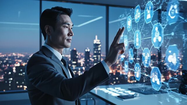 Businessman interacting with digital network for corporate presentations, business marketing, and commercial use