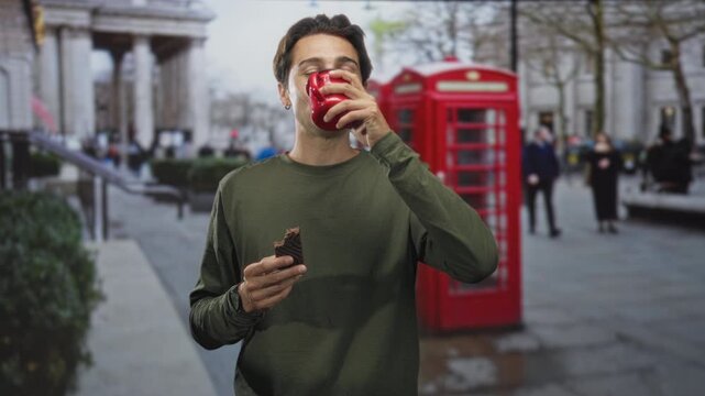 Man drinks from red mug and holds bitten chocolate cookie on a busy city street with a red phonebox; casual contentment.