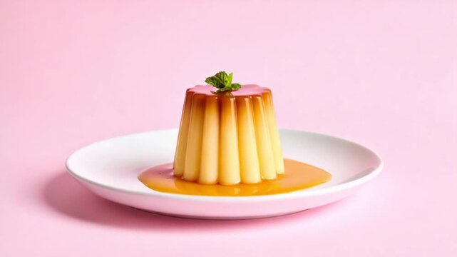 Delicious flan with caramel sauce and mint on a vibrant pink background