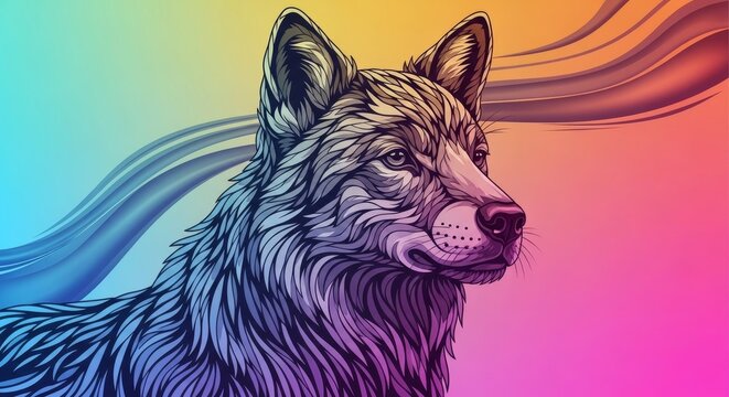 Vector illustration of a cute husky puppy and wolf head portrait isolated on a white background featuring a happy cartoon canine face