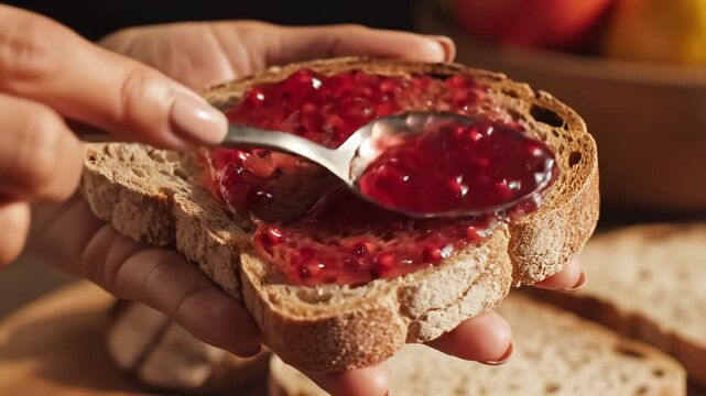 Bread slice with jam being spread for commercial backgrounds, digital design, and advertising