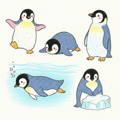Fototapeta premium Cute penguins in various playful poses and actions illustration