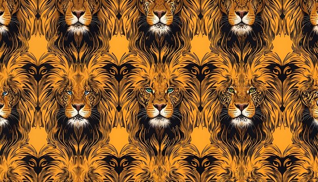 A repeating pattern showcases majestic lion faces with detailed manes and piercing green eyes