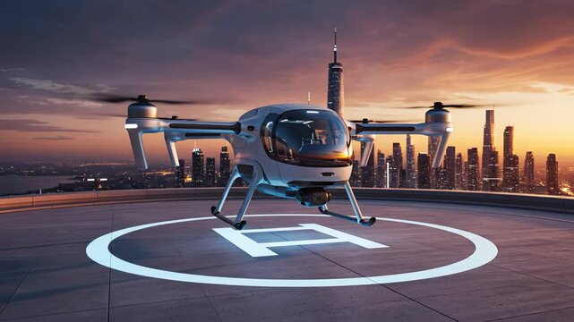 Futuristic drone on city rooftop for tech concepts, digital marketing, and futuristic projects