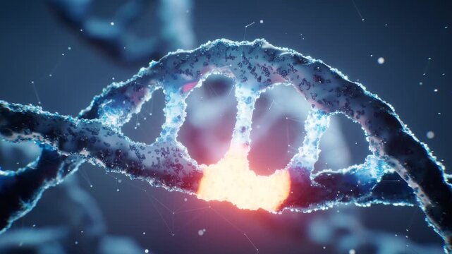 Dynamic dna helix animation with glowing red and yellow sections representing genetic modification or mutation in motion.