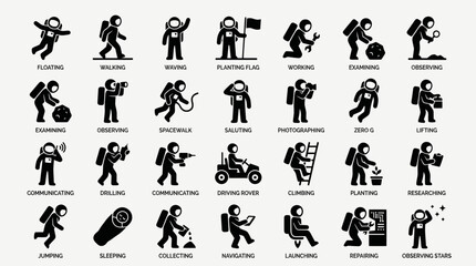 Obraz premium Astronaut Activities and Poses Vector Icon Set With Titles
