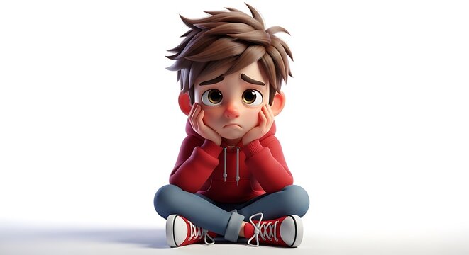 3D rendered cartoon boy, sad expression, red hoodie, blue jeans, seated, isolated white background