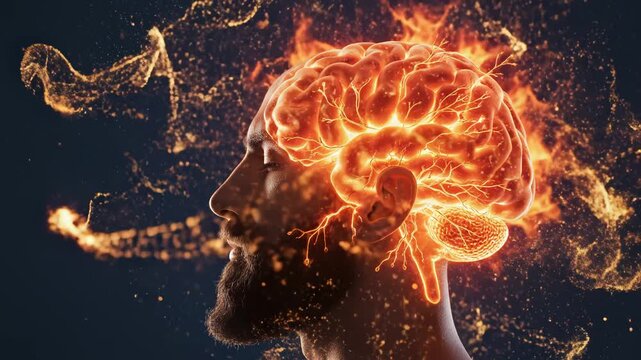 Human head with glowing brain for commercial backgrounds, digital design, and advertising