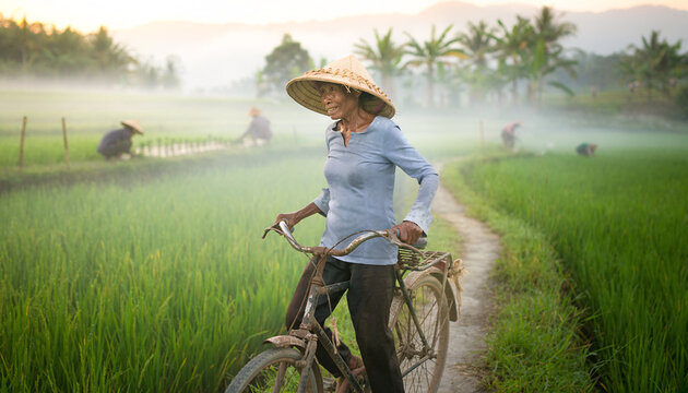 A traditional farmer woman is riding her bicycle along a narrow path in the rice fields 