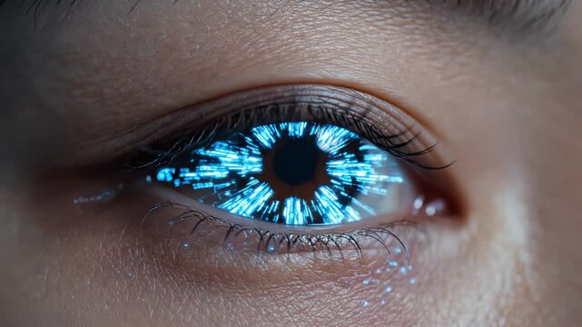Closeup of human eye with digital binary code for commercial backgrounds, digital design, and advertising