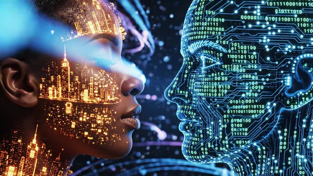 Human face and digital circuit side by side for commercial backgrounds, digital design, and advertising