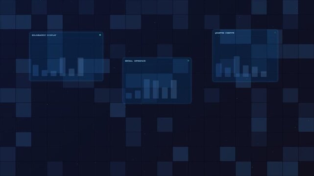 Showcasing innovation, future workspace concepts are illustrated with glowing holographic displays on a dark blue digital grid, featuring data analysis and quantum computing elements.