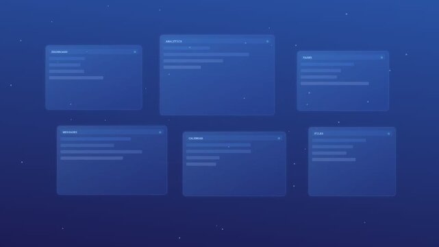 Organized digital interface displaying future workspace concepts, showcasing information management, analytics, and messaging in a sleek animated presentation across multiple screens.