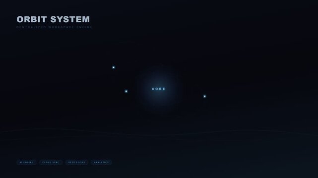 An animated digital interface showcasing innovative future workspace concepts with orbiting data and dynamic modules for advanced system management.