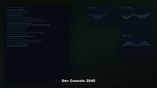 Exploring cutting-edge future workspace concepts with an evolving command line interface displaying real time data visualizations and network analysis in a high tech environment.