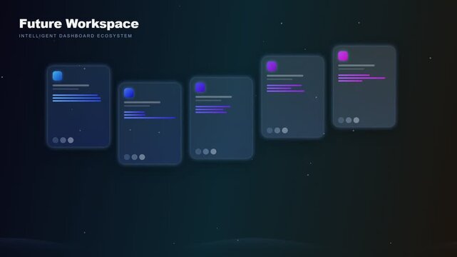 Illustrating advanced future workspace concepts for a connected intelligent dashboard ecosystem featuring abstract data visualizations on a dark digital background.