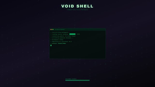 Future workspace concepts unfold, revealing a command-line interface performing advanced system initialization, loading neural modules, and deploying an artificial intelligence assistant.