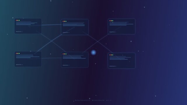 An intricate abstract illustration captures the essence of future workspace concepts, showcasing interconnected virtual interfaces and advanced data networks across digital space.