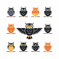 Obraz premium Modern owl vector illustrations in clean flat style, simple silhouettes, perched and flying
