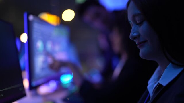Skilled European female AI specialist while scrutinizing artificial intelligence algorithms and logic at a state of the art command center at night with moody cinematic ambient lighting and glow.