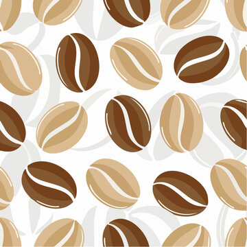 Seamless pattern of coffee beans on a white background with subtle leaf shapes