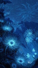 Fototapeta premium Bioluminescent Sea Anemones in Deep Ocean