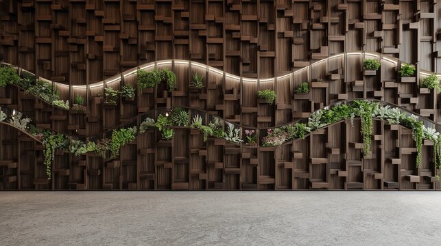 Kinetic Abstract Wood Block Feature Wall with Integrated succulent Planters and Hidden LED Lighting - Modern Interior Design Background

