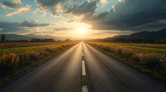 Split Path Landscape with Sunlit Flowers Representing Positive Direction