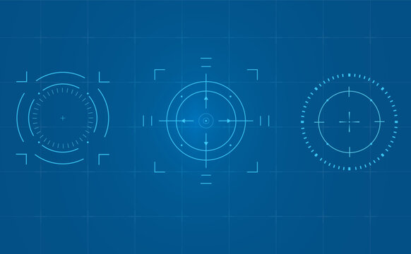 Three futuristic blue targeting systems or camera reticles displayed on a grid background for technology and surveillance concepts