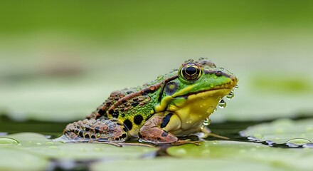 Obraz premium A green frog sits on lily pads with water droplets, showing detail & vivid colors