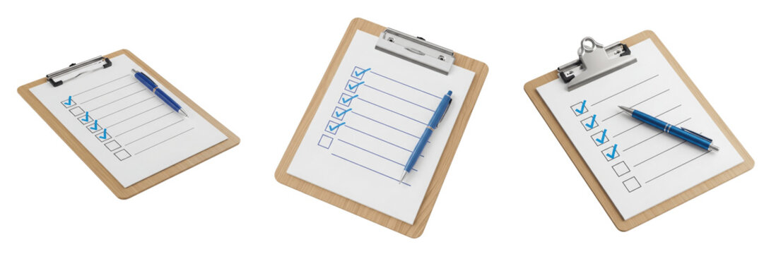 Three clipboards with checklists and blue pens on transparent background
