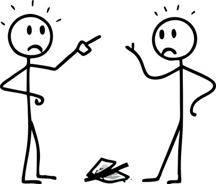 Angrily pointing at another stick figure who has just thrown trash on the ground