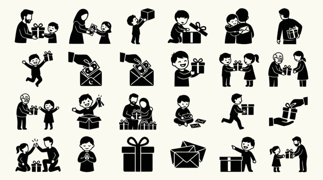 Giving Gifts and Eidi Money Muslim Family Celebration Icon Set